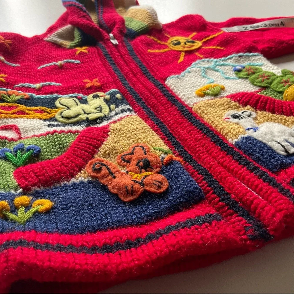 Peruvian Knit Embroidered Hooded Zip Up Red Sweater Animals Sun Toddler Sz 2